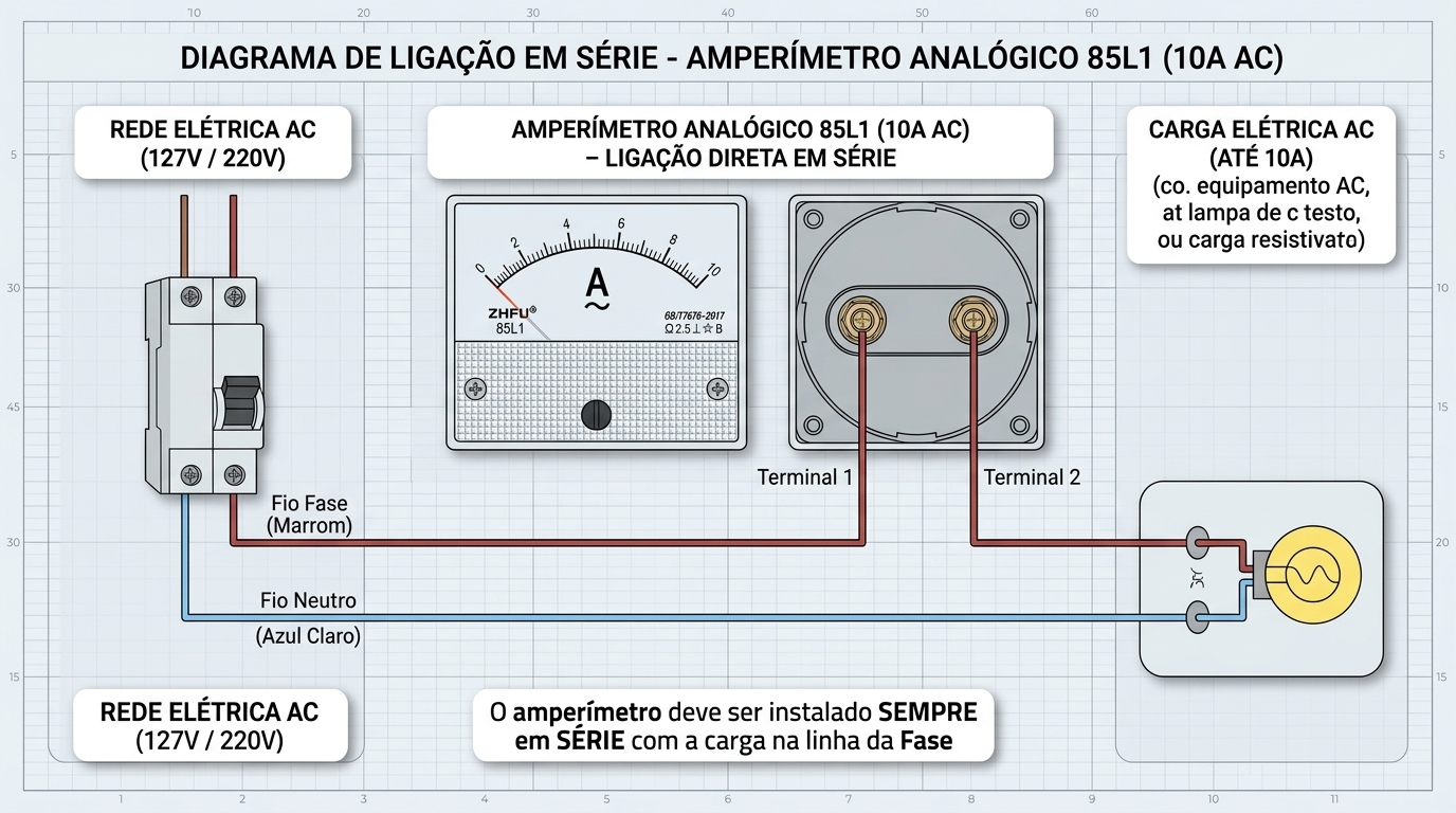 Diagrama de ligação elétrica do Amperímetro Analógico 85L1 10A AC