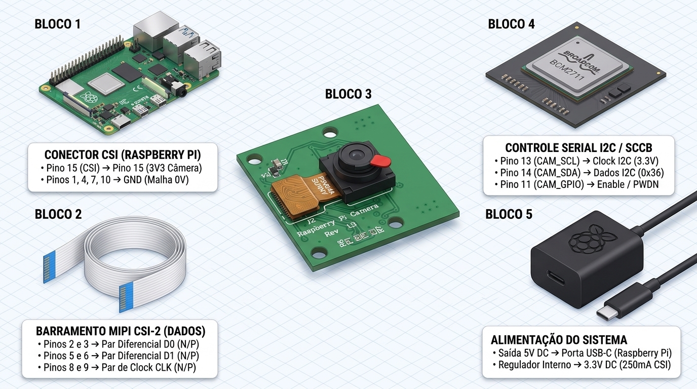 Diagrama de ligação elétrica da Câmera Raspberry Pi V1.3