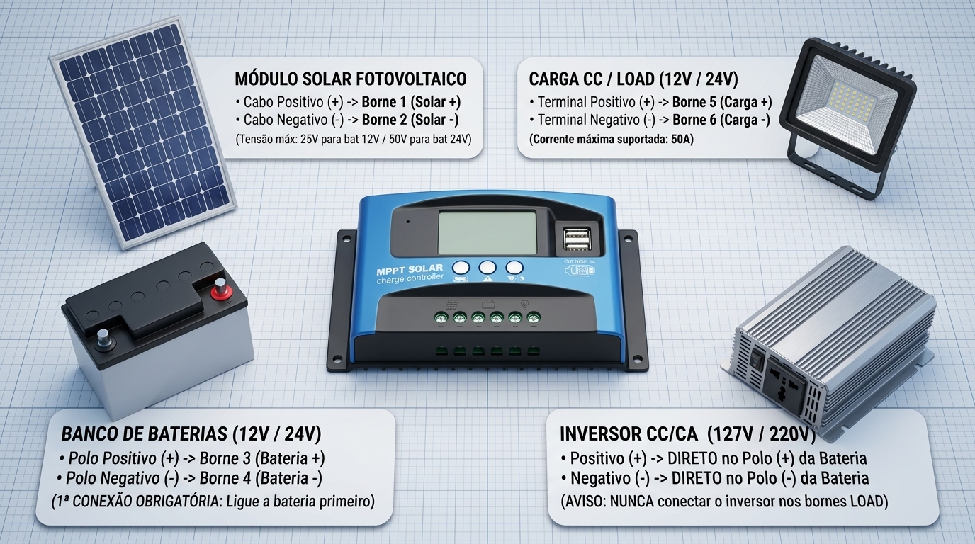 Diagrama de ligação elétrica do Controlador Carga Painel Solar MPPT 100A 12V 24V Automático