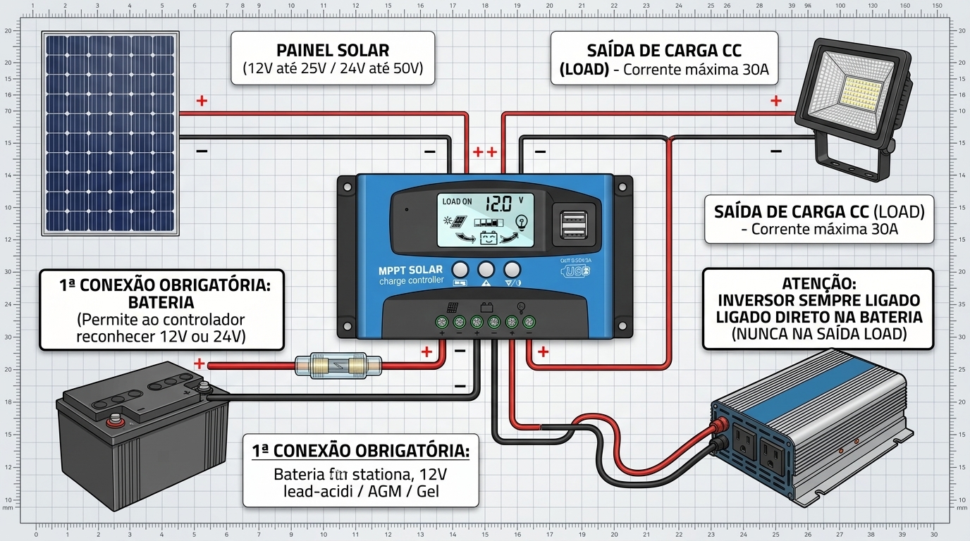 Diagrama de ligação elétrica do Controlador Carga Painel Solar MPPT 60A 12V 24V Automático