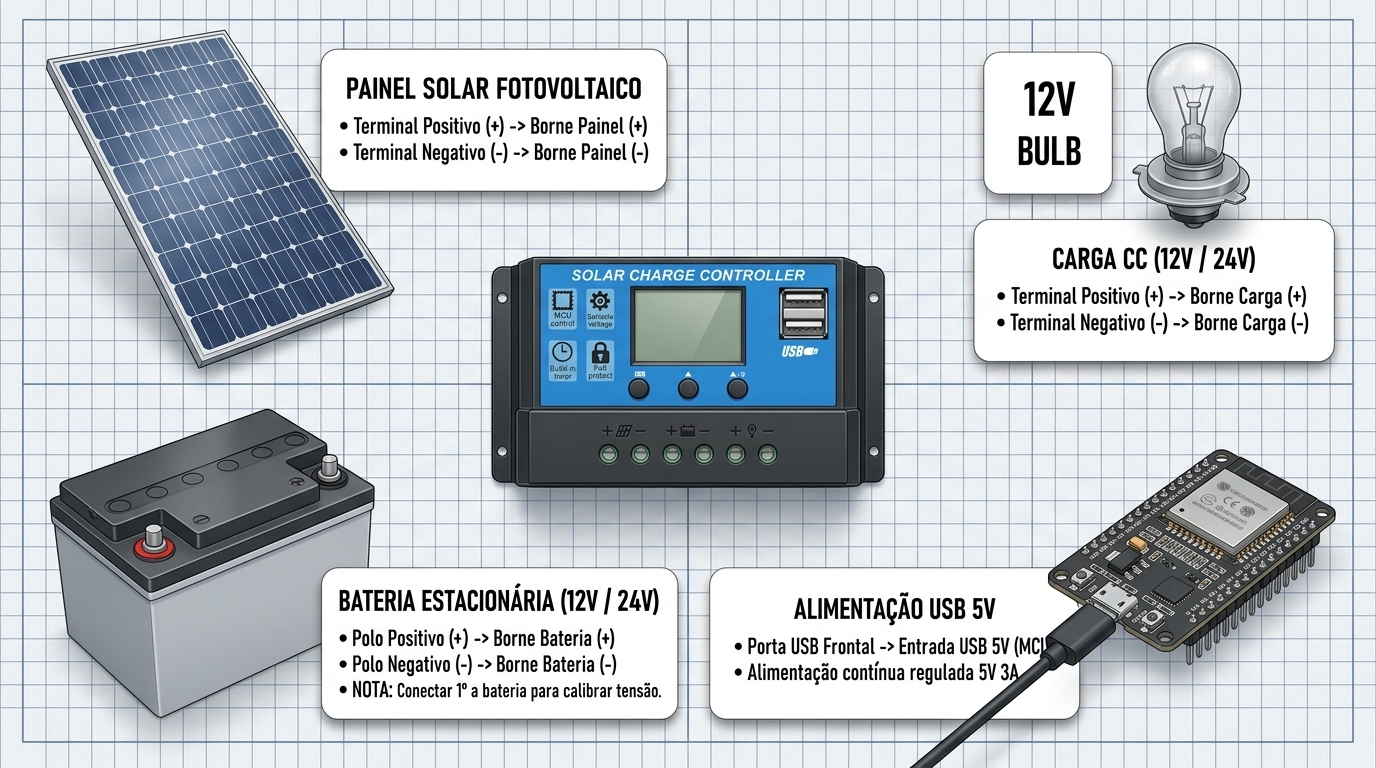 Diagrama de ligação elétrica do Controlador Carga Solar PWM 10A 12V 24V