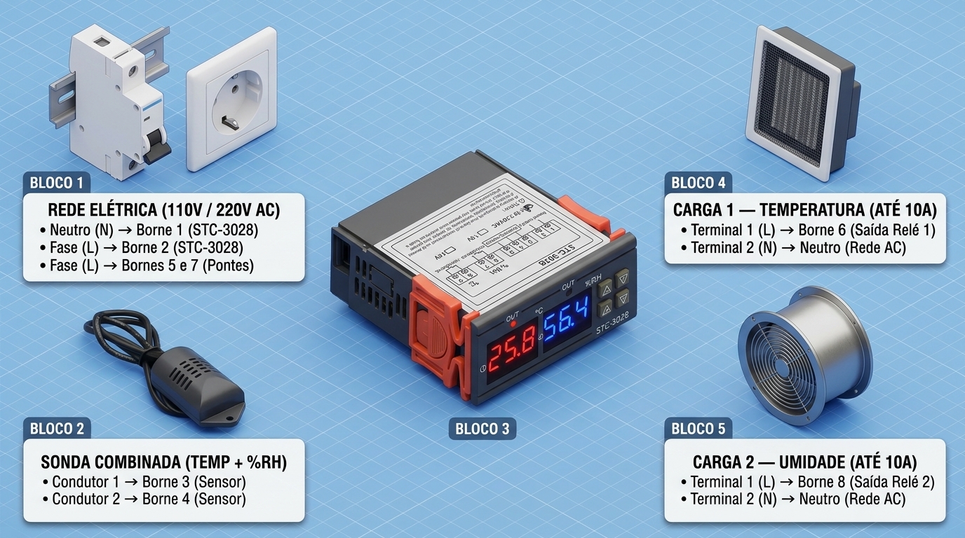 Diagrama de ligação elétrica do Controlador de Temperatura e Umidade STC-3028