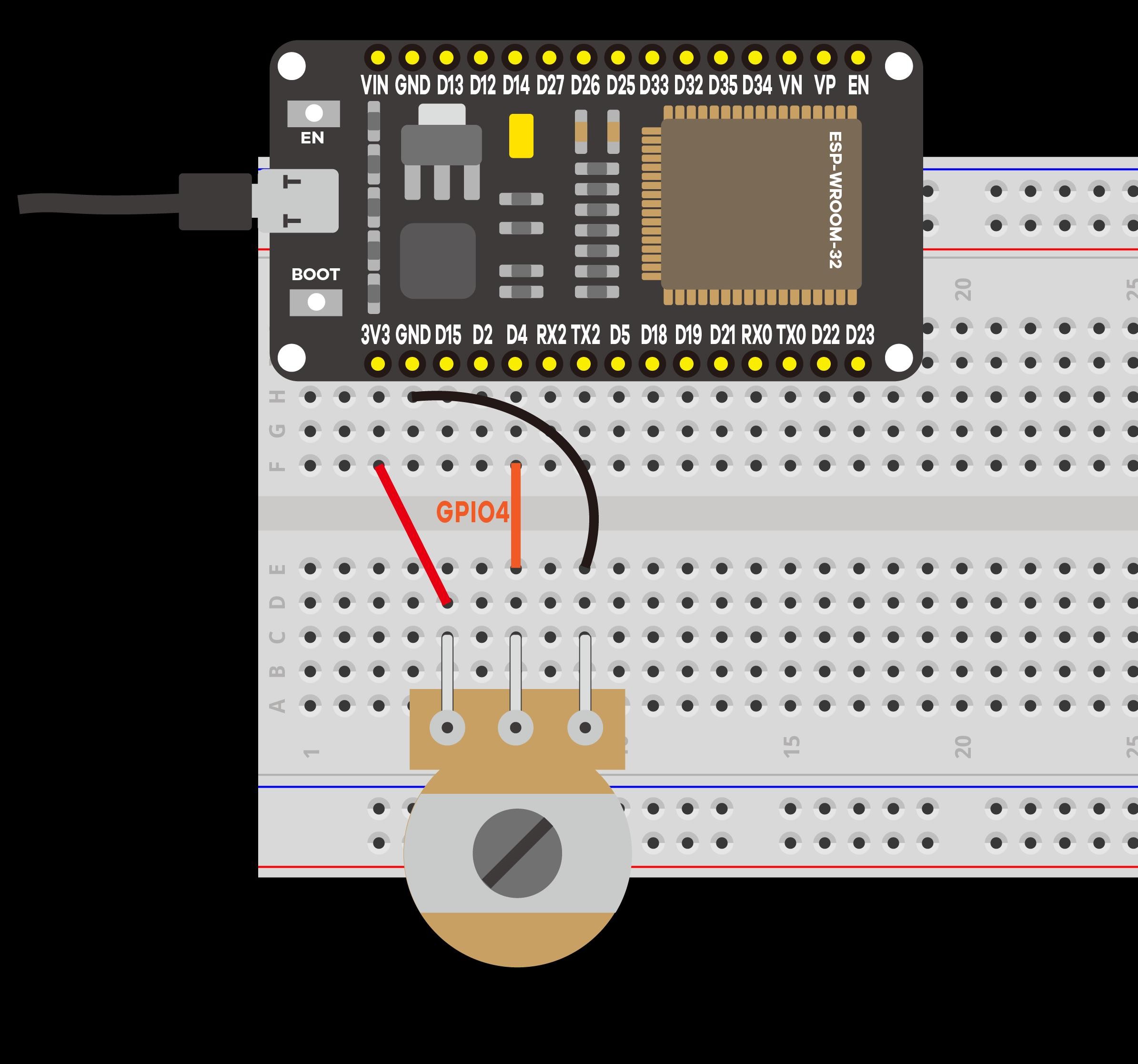 Montagem física do potenciômetro conectado ao pino analógico do ESP32