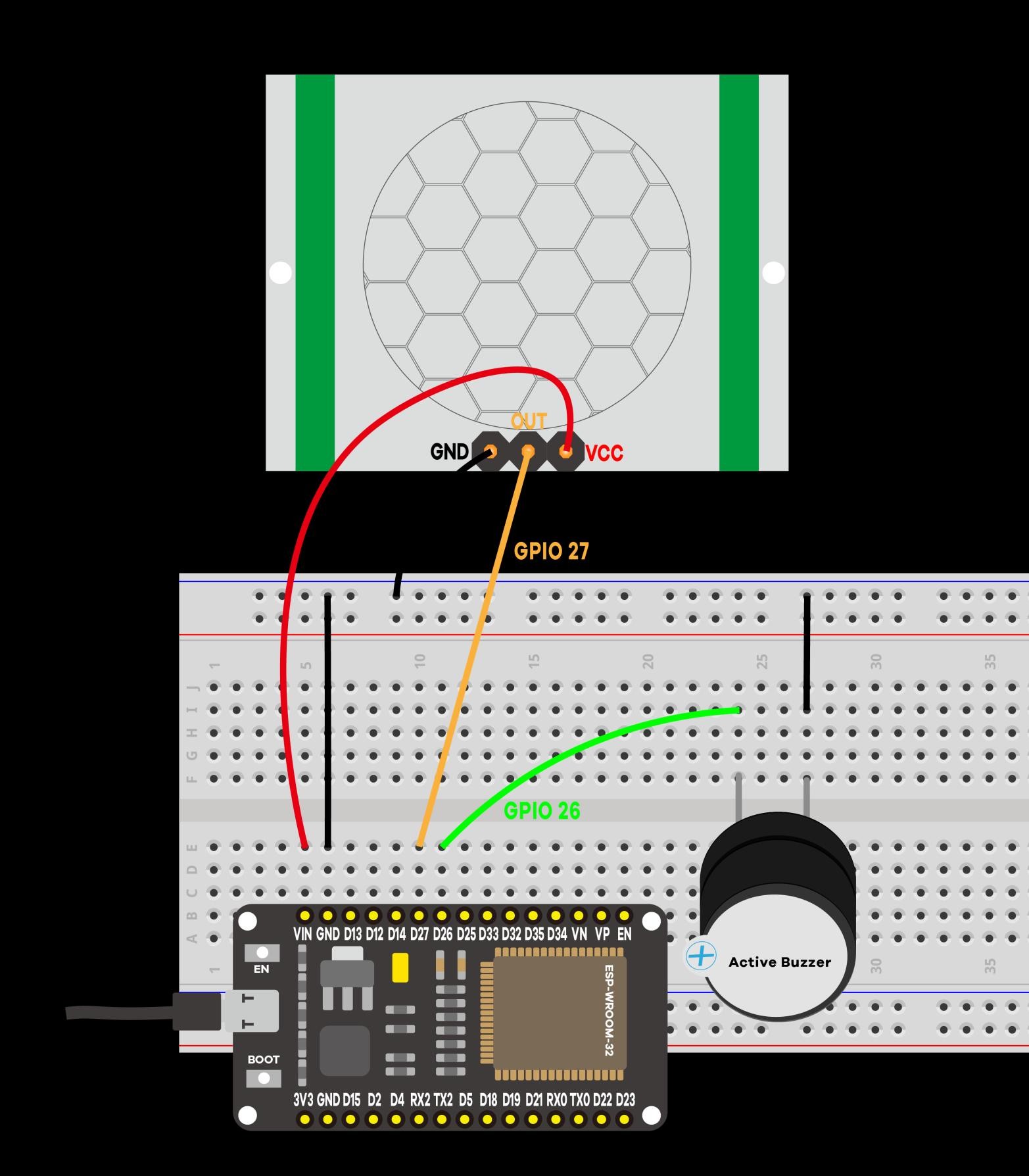 Montagem completa na protoboard com sensor PIR e Buzzer ativo