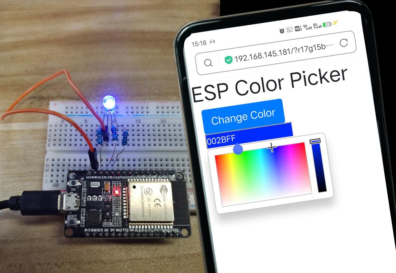 Demonstração do LED RGB emitindo luz colorida sincronizada com a página