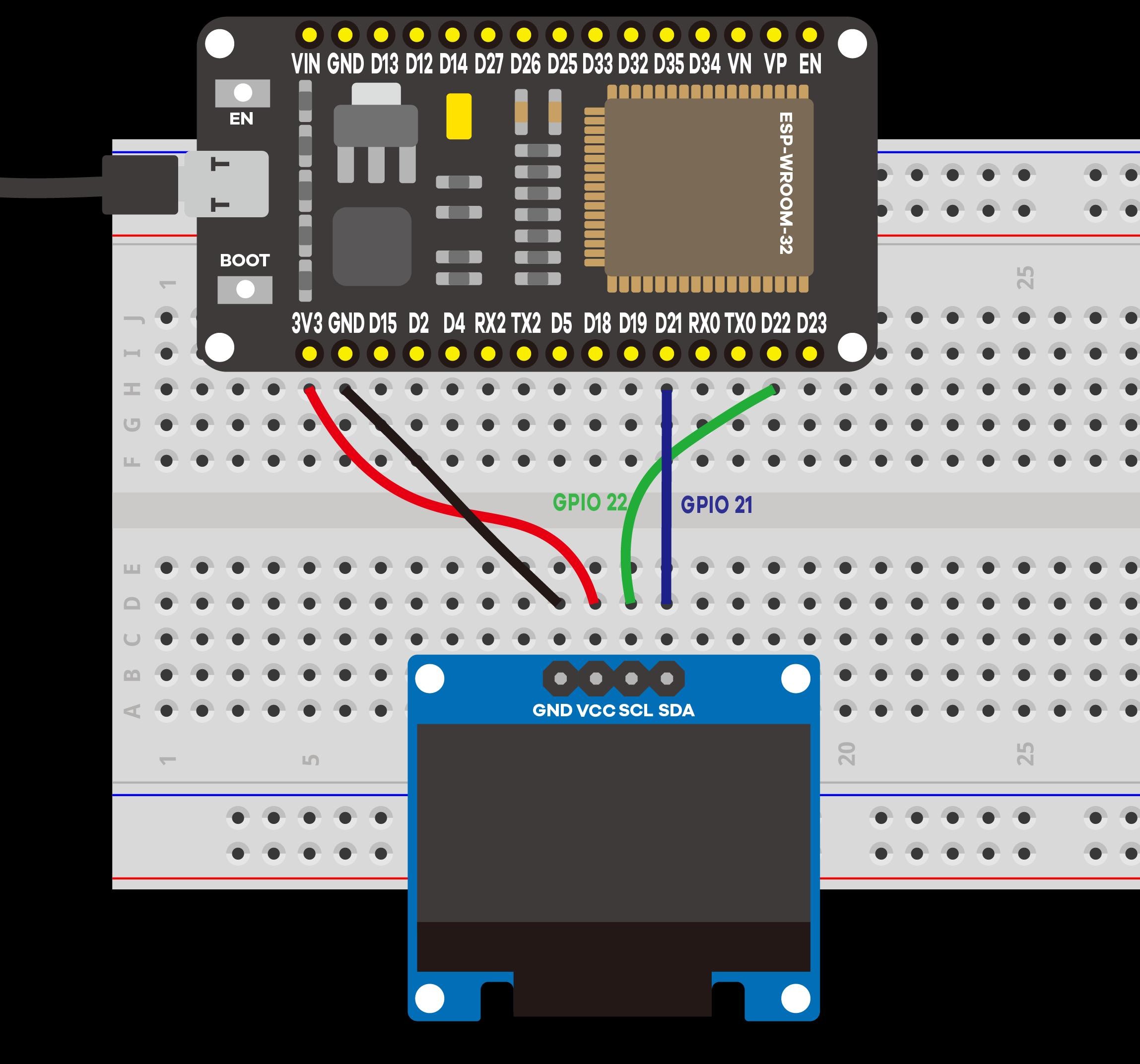 Montagem do display OLED conectado às linhas SDA e SCL do barramento I2C do ESP32