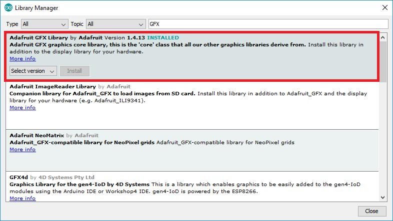 Instalação das dependências da Adafruit GFX Library na IDE Arduino