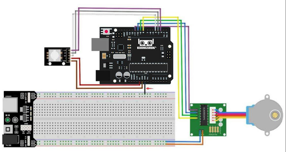 Esquema elétrico de ligação das linhas de quadratura CLK e DT do KY-040 ao Arduino