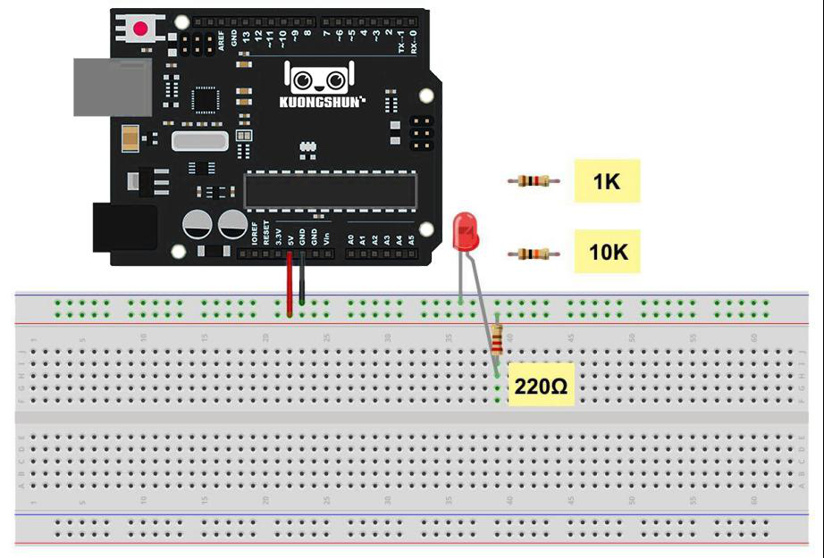 Montagem em protoboard conectando LED vermelho em série com resistor limitador