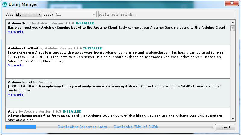 Interface de gerenciamento de bibliotecas na IDE Arduino