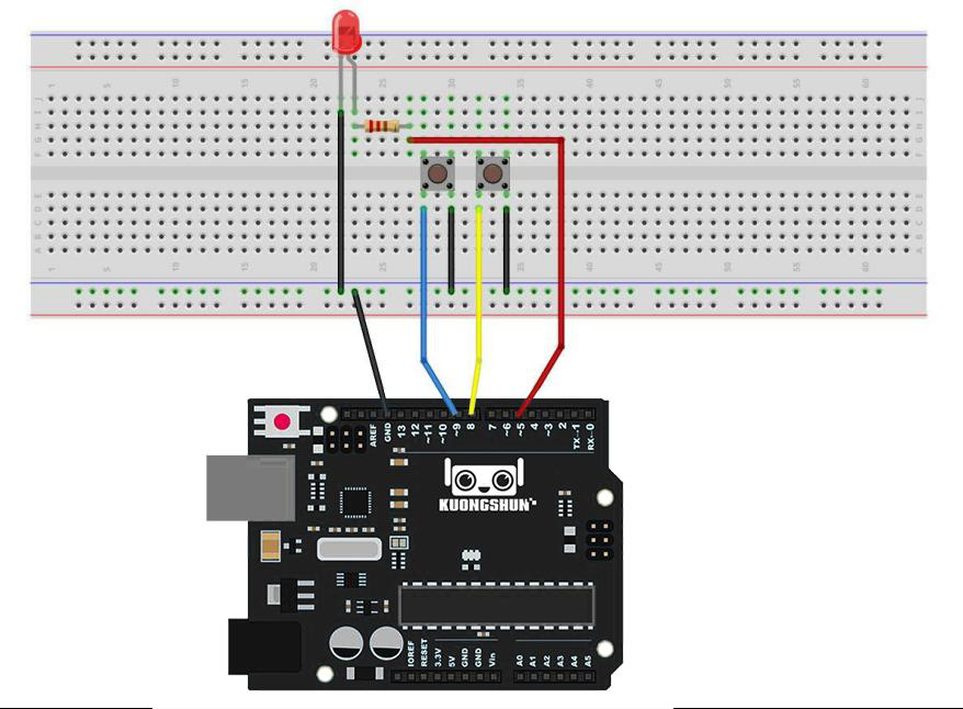 Esquemático elétrico da Lição 4 com dois botões de comando e LED