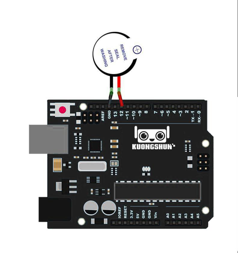 Diagrama de fiação direta da Lição 5 conectando o buzzer ativo aos pinos do Arduino
