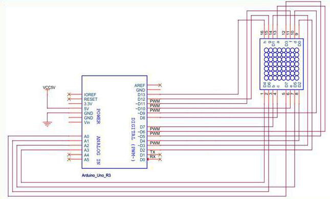 Diagrama de fiação direta da matriz 8x8 conectada aos pinos D2 a D13 e A0 a A3