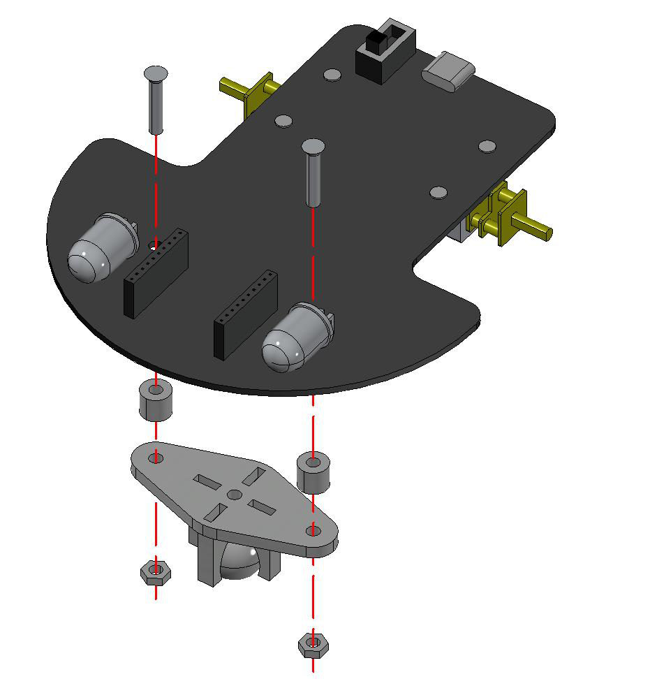 Passo 1: diagrama explodido da instalação da roda boba com parafusos M3, espaçadores e porcas
