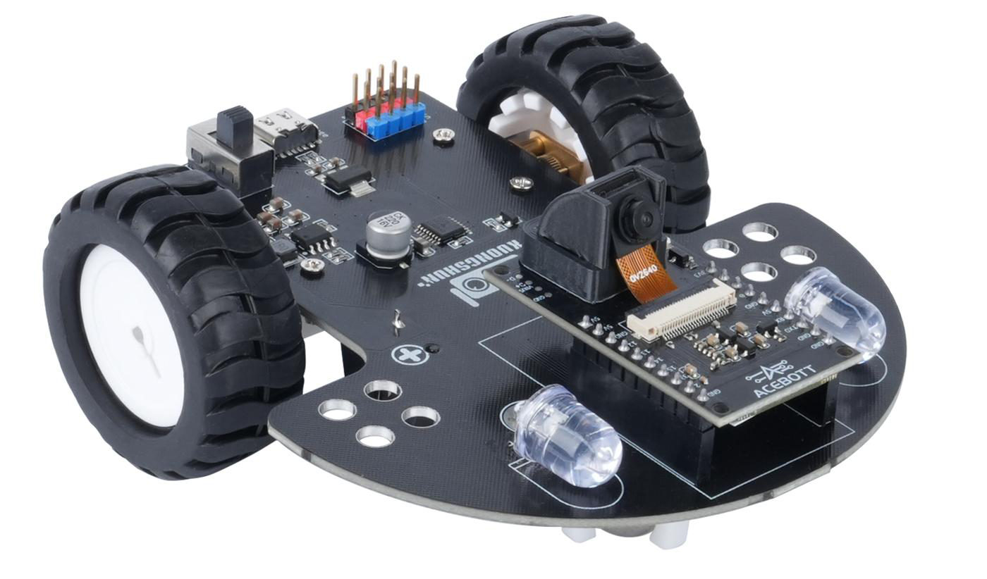 Vista traseira do robô 2WD ESP32-CAM com placa driver, chave liga desliga e conector USB