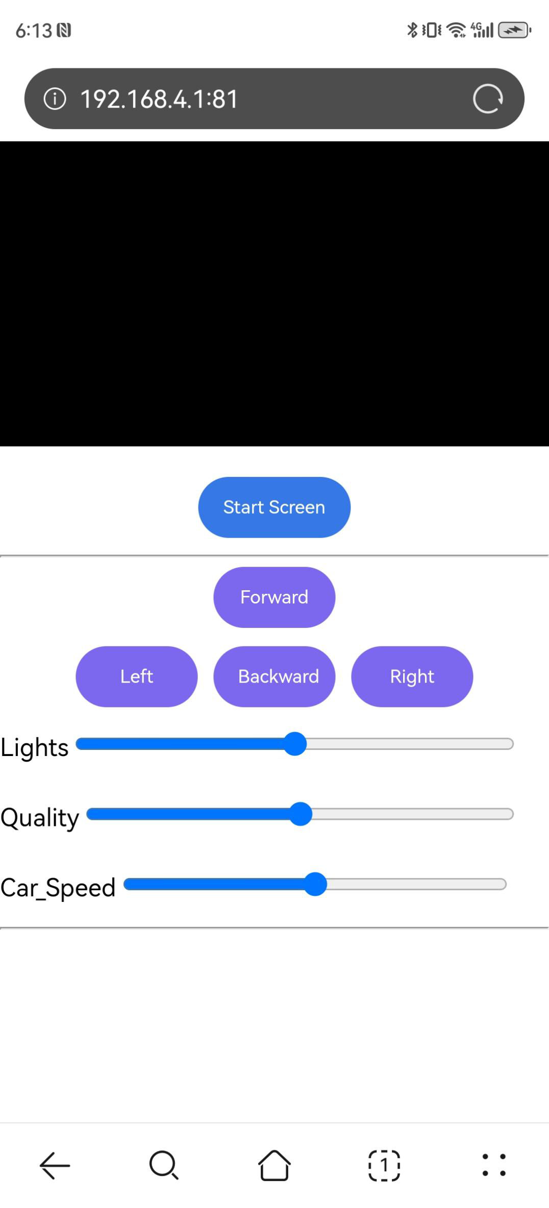 Interface Vision Web em 192.168.4.1:81 com vídeo ao vivo, Start Screen e sliders de Lights, Quality e Car Speed