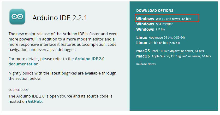 Página oficial de download da IDE Arduino com opções para Windows