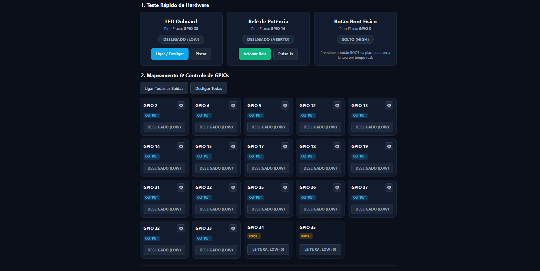 Interface web de controle e monitoramento da placa ESP32 com 4 relés de 30A RB2554