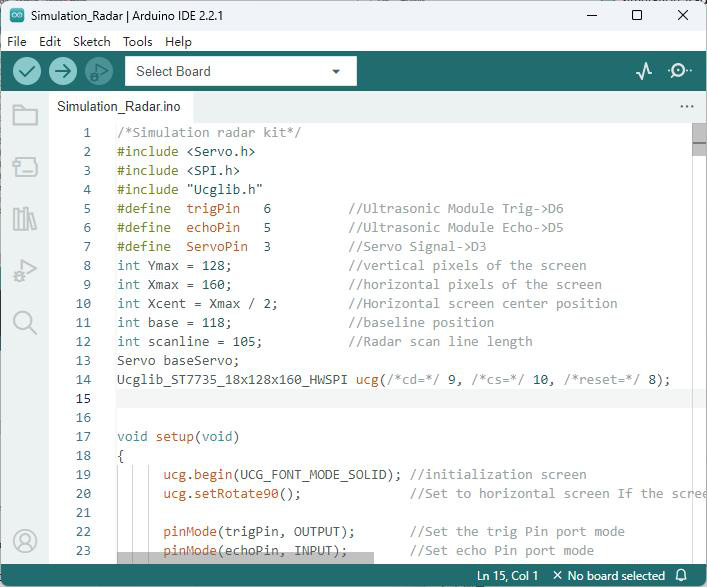 Arduino IDE com o sketch Simulation_Radar.ino aberto