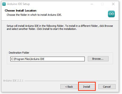 Pasta de destino da instalação com o botão Install