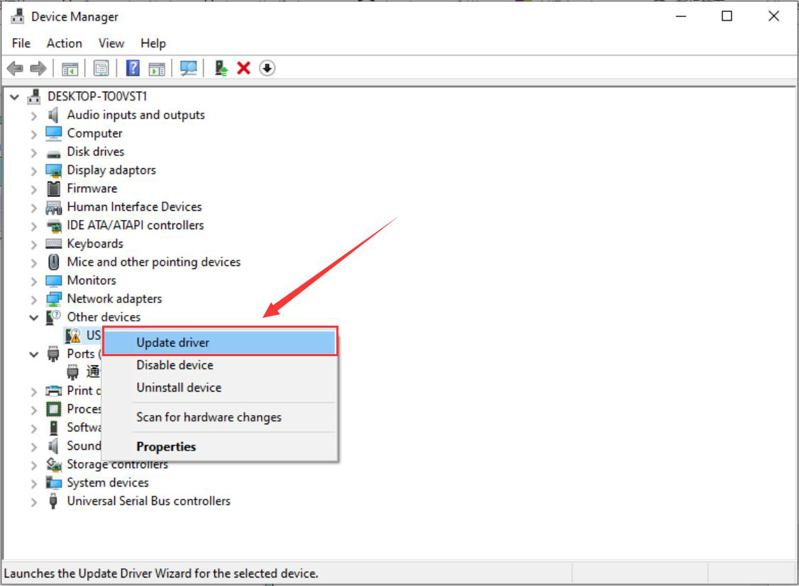 Menu Atualizar driver sobre o dispositivo USB Serial