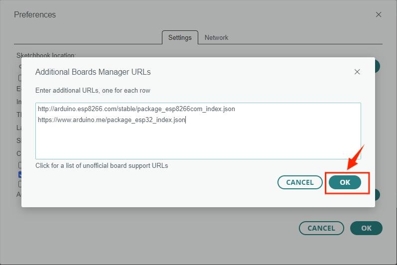 Preferências da Arduino IDE – Confirmação da URL de pacotes