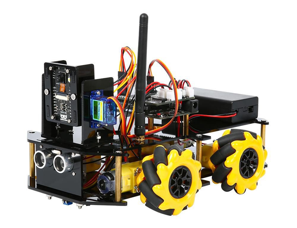 Robô AD176 montado: chassi 4WD Mecanum, ESP32-CAM no pan-tilt, HC-SR04 e antena WiFi