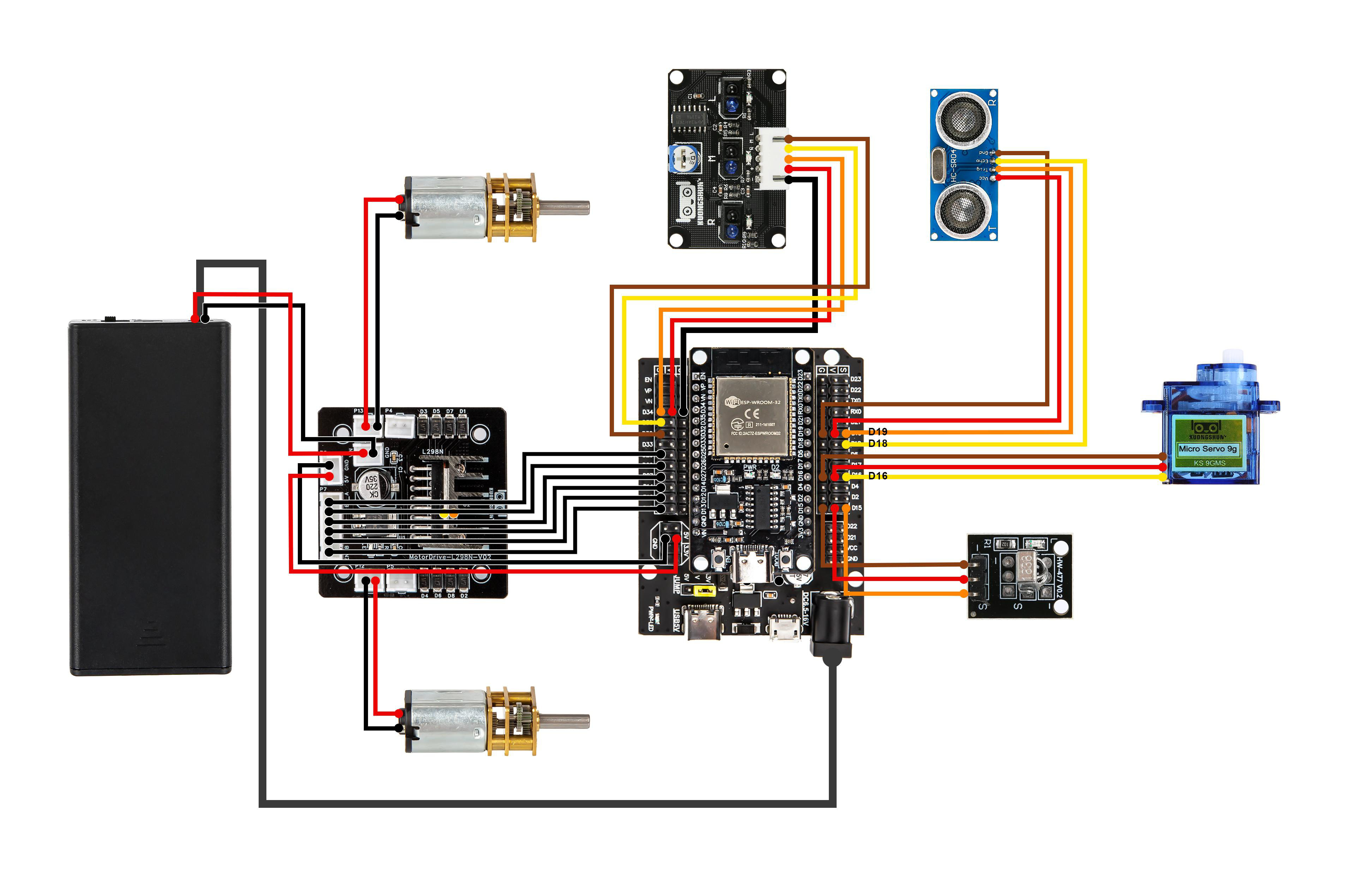 Diagrama de fiação oficial do AD177 com ESP32, expansão, L298N, motores N20, ultrassom, servo, linha e receptor IR