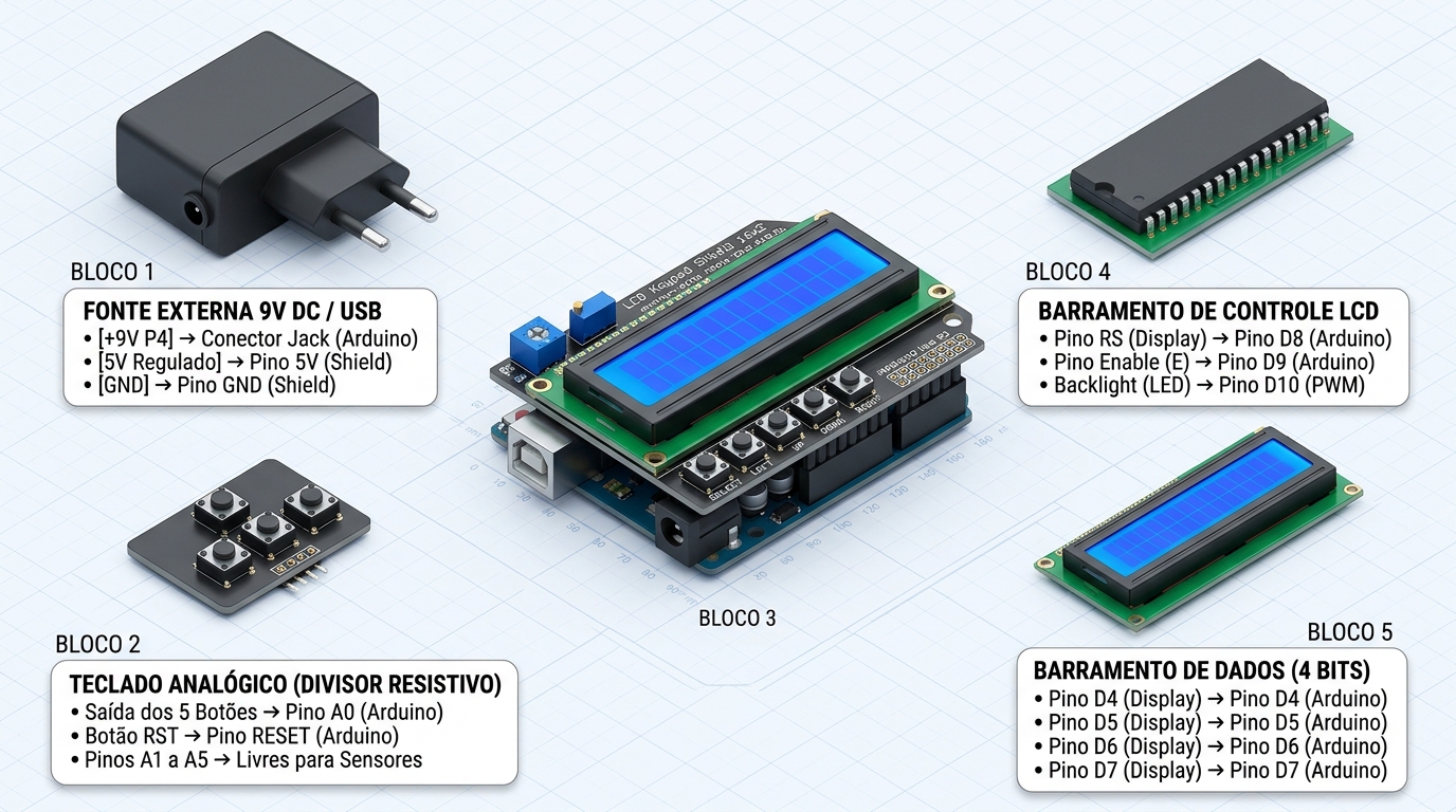 Diagrama de ligação elétrica do LCD Keypad Shield 16x2 para Arduino