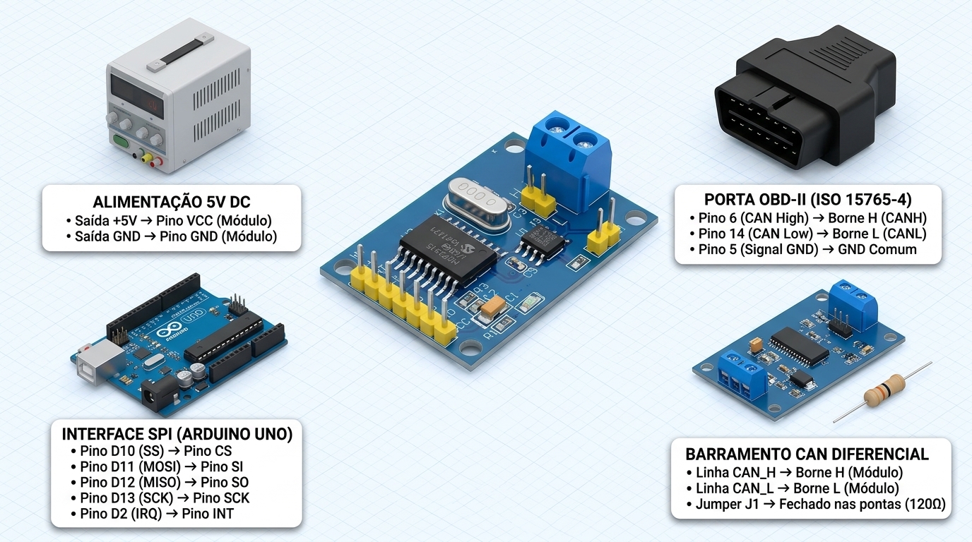 Diagrama de ligação elétrica do Módulo CAN BUS MCP2515 TJA1050 OBD-II