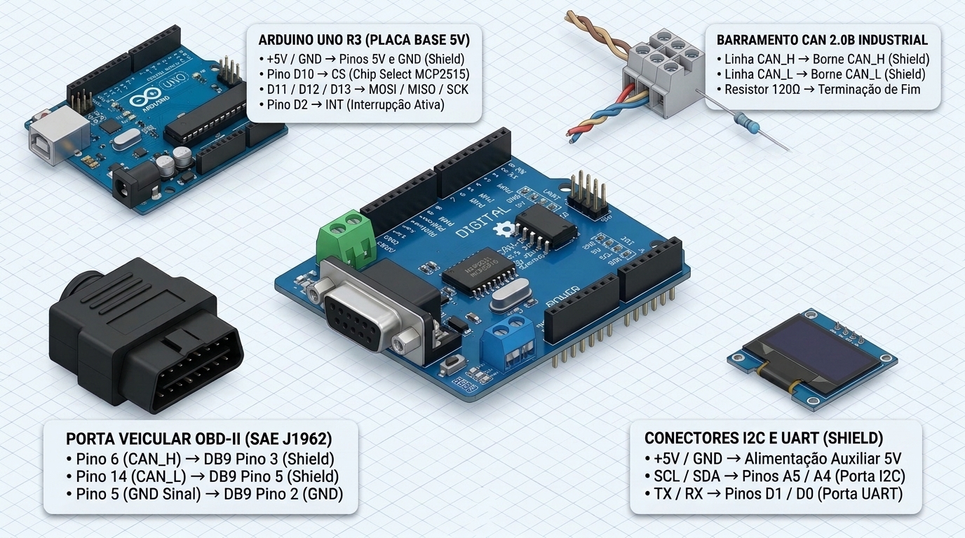 Diagrama de ligação elétrica do Módulo CAN BUS Shield MCP2515 para Arduino