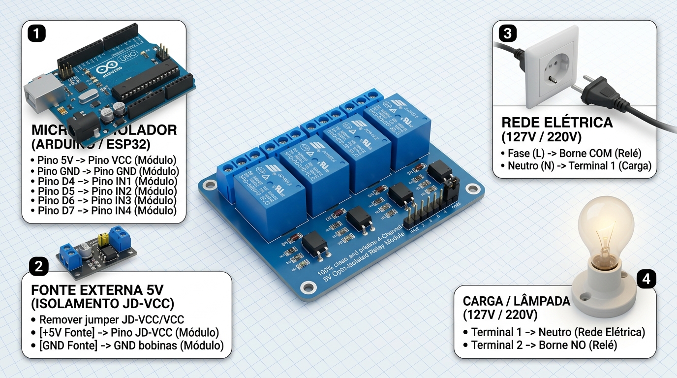 Diagrama de ligação elétrica do Módulo Relé 4 Canais 5V Optoacoplado