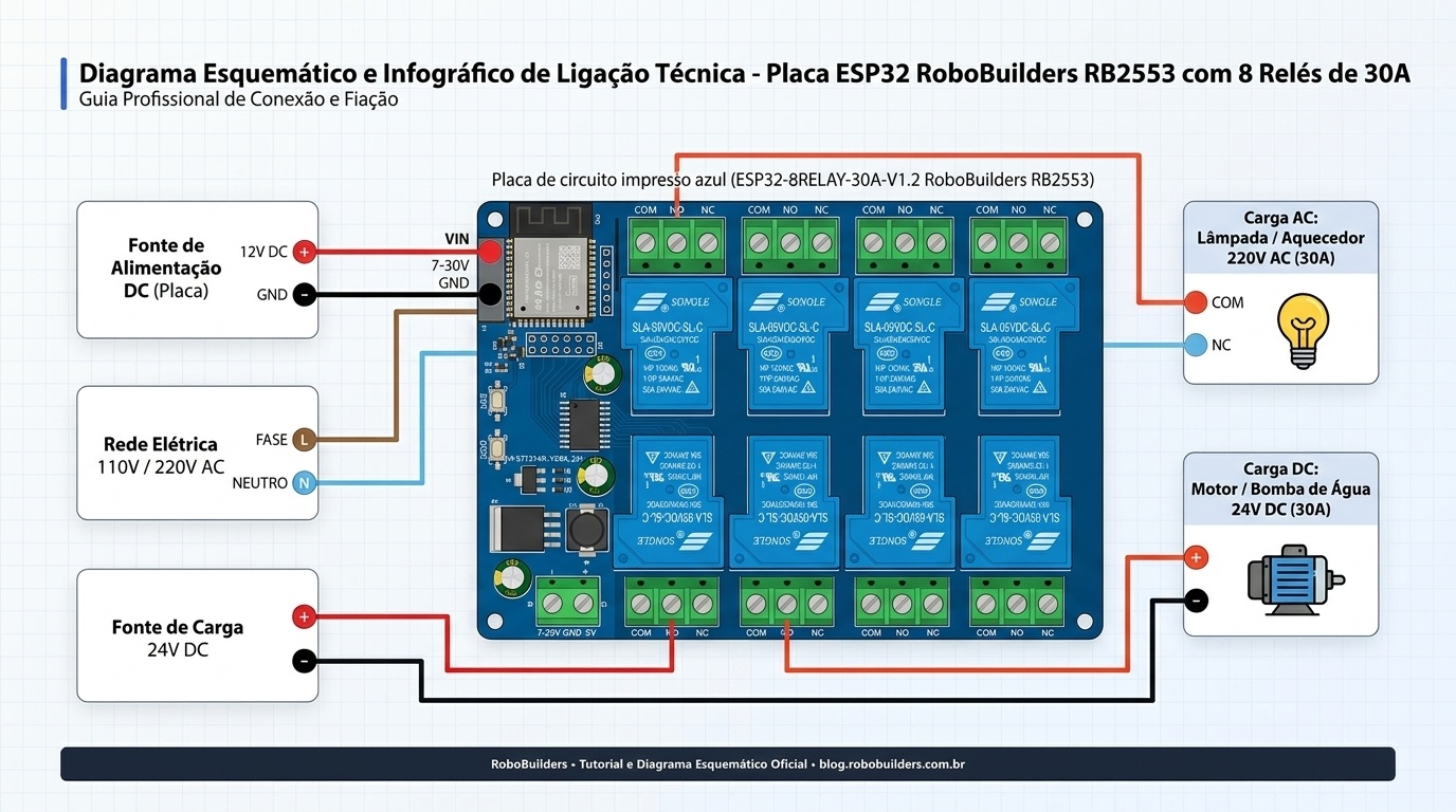 Diagrama esquemático de ligação elétrica profissional da placa ESP32 com 8 relés de 30A RB2553 para cargas AC e DC