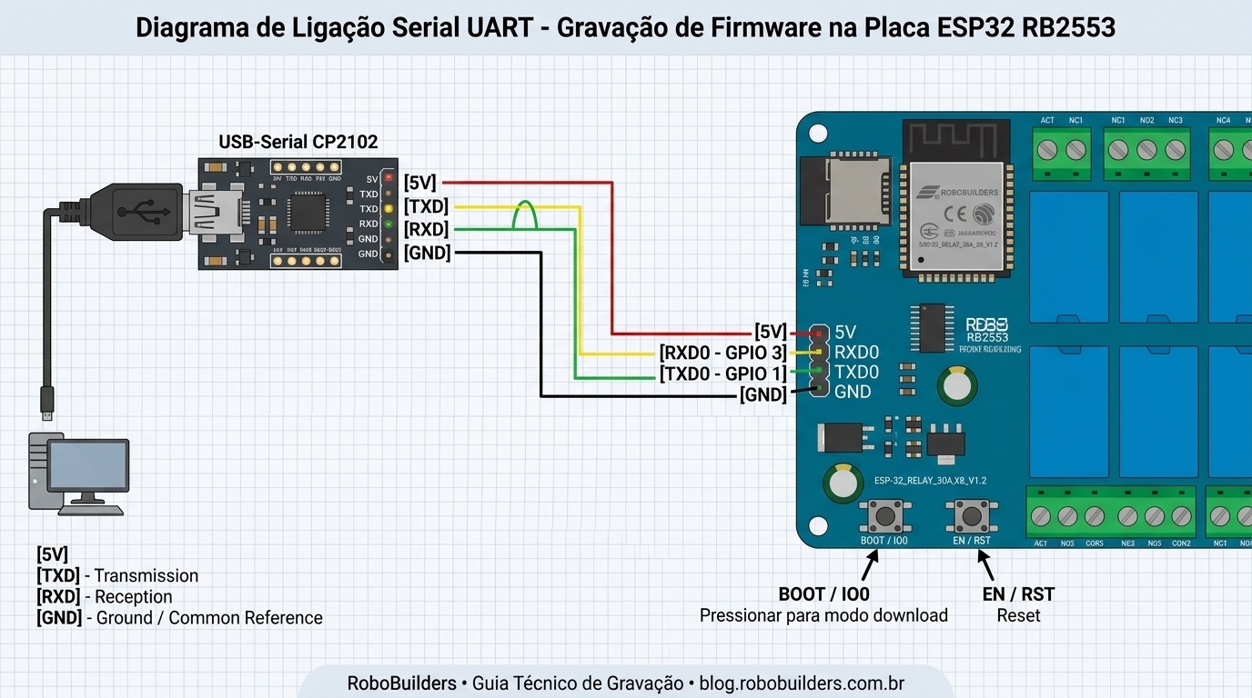 Diagrama de ligação serial UART para gravação de firmware na placa ESP32 RB2553 com conversor USB-Serial
