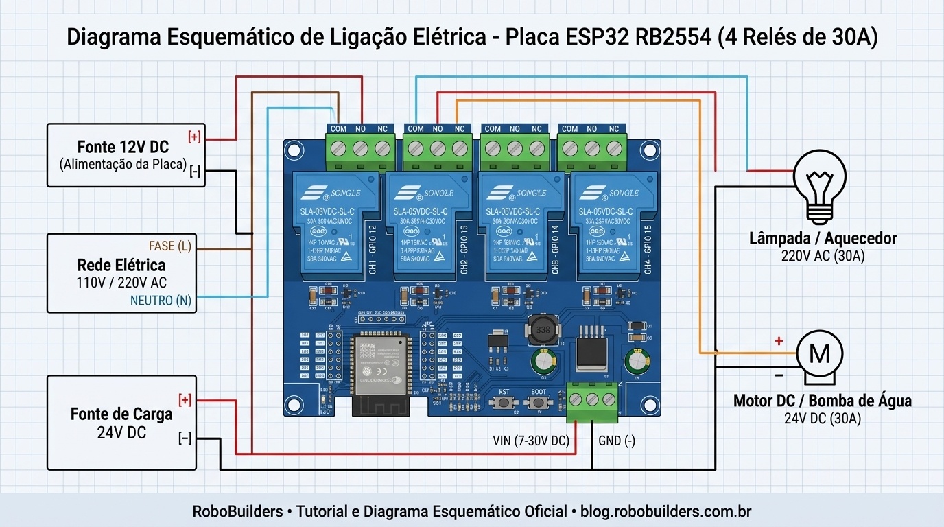 Diagrama esquemático de ligação elétrica profissional da placa ESP32 com 4 relés de 30A RB2554 para cargas AC e DC