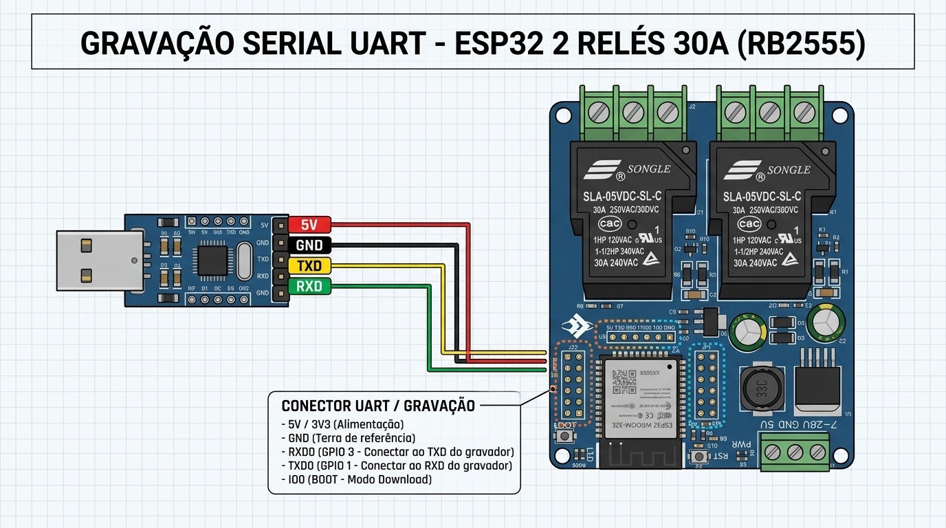 Diagrama de ligação serial UART para gravação de firmware na placa ESP32 RB2555 com conversor USB-Serial