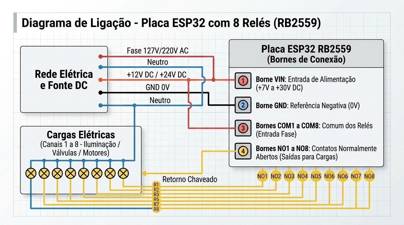 Diagrama de ligação elétrica da Placa ESP32 com 8 Relés RB2559