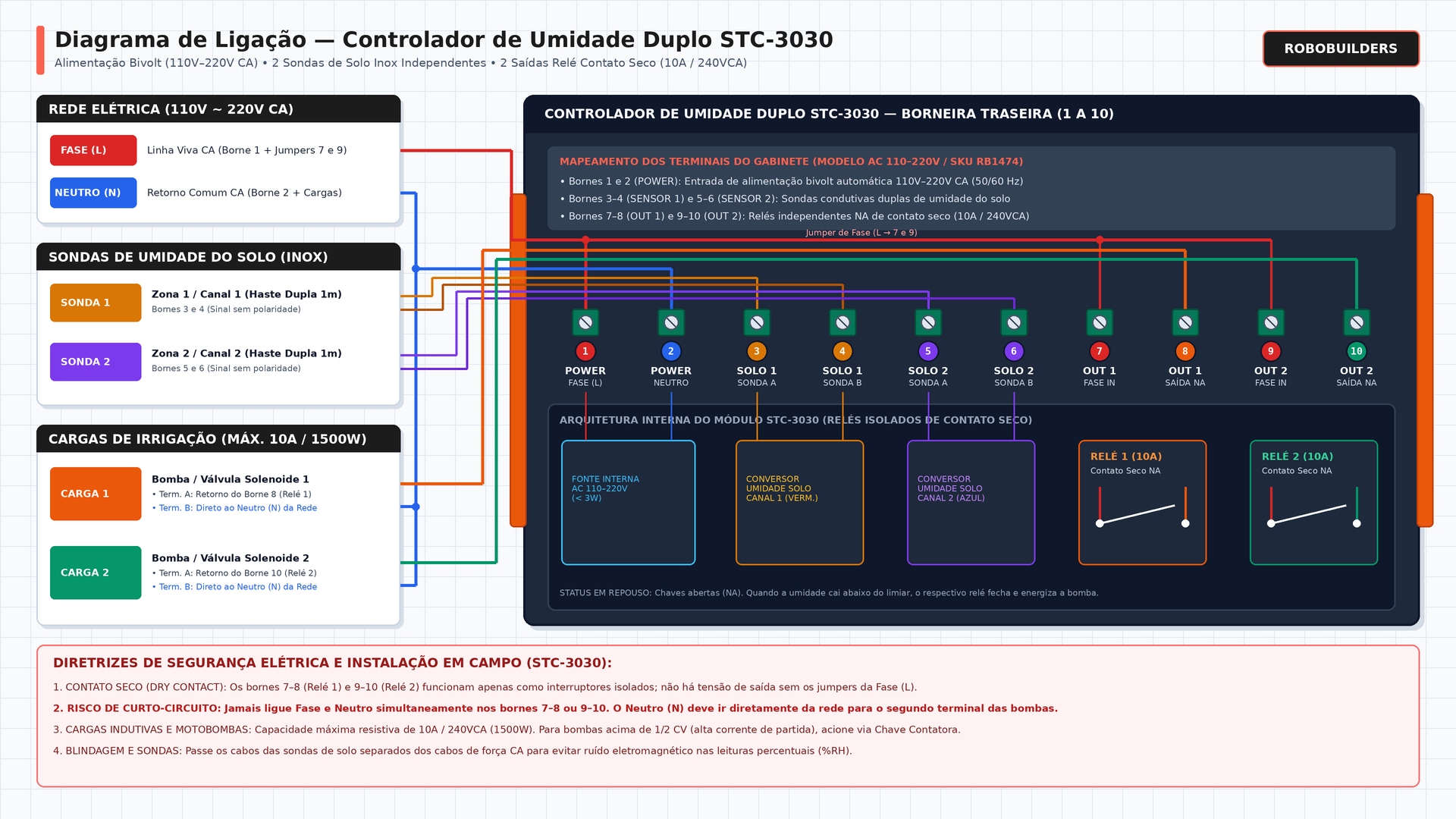 Diagrama de ligação elétrica do Controlador de Umidade do Solo Duplo STC-3030