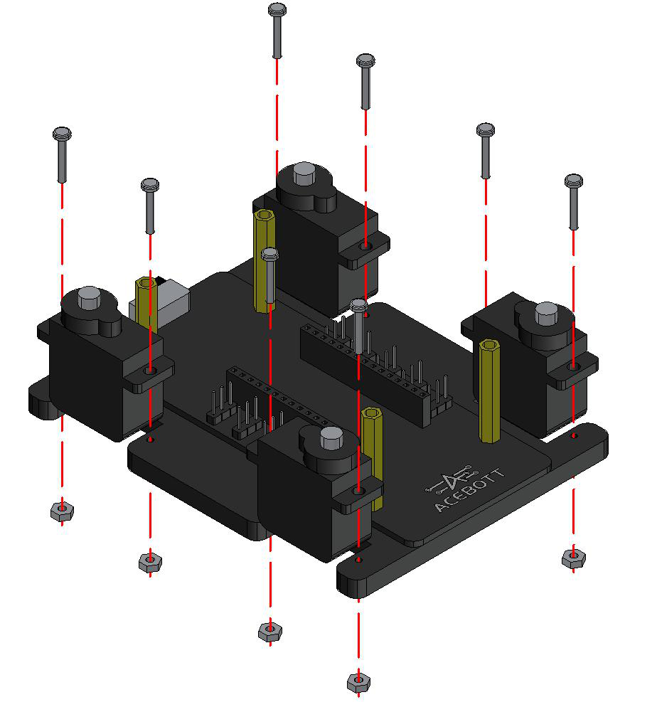 Montagem dos 4 servomotores de giro horizontal no chassi com parafusos M2*14mm e porcas M2