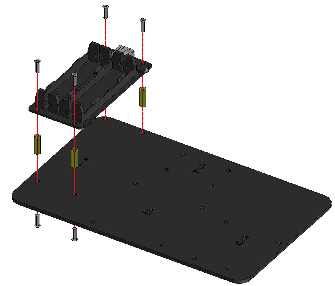 Passo 1: placa V3 fixada sobre a posição 1 da base com colunas de cobre