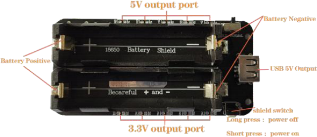 Compartimento do shield 18650 com indicação de polaridade