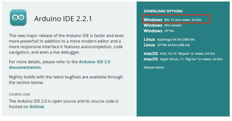 Página de download da IDE Arduino com as variantes por sistema