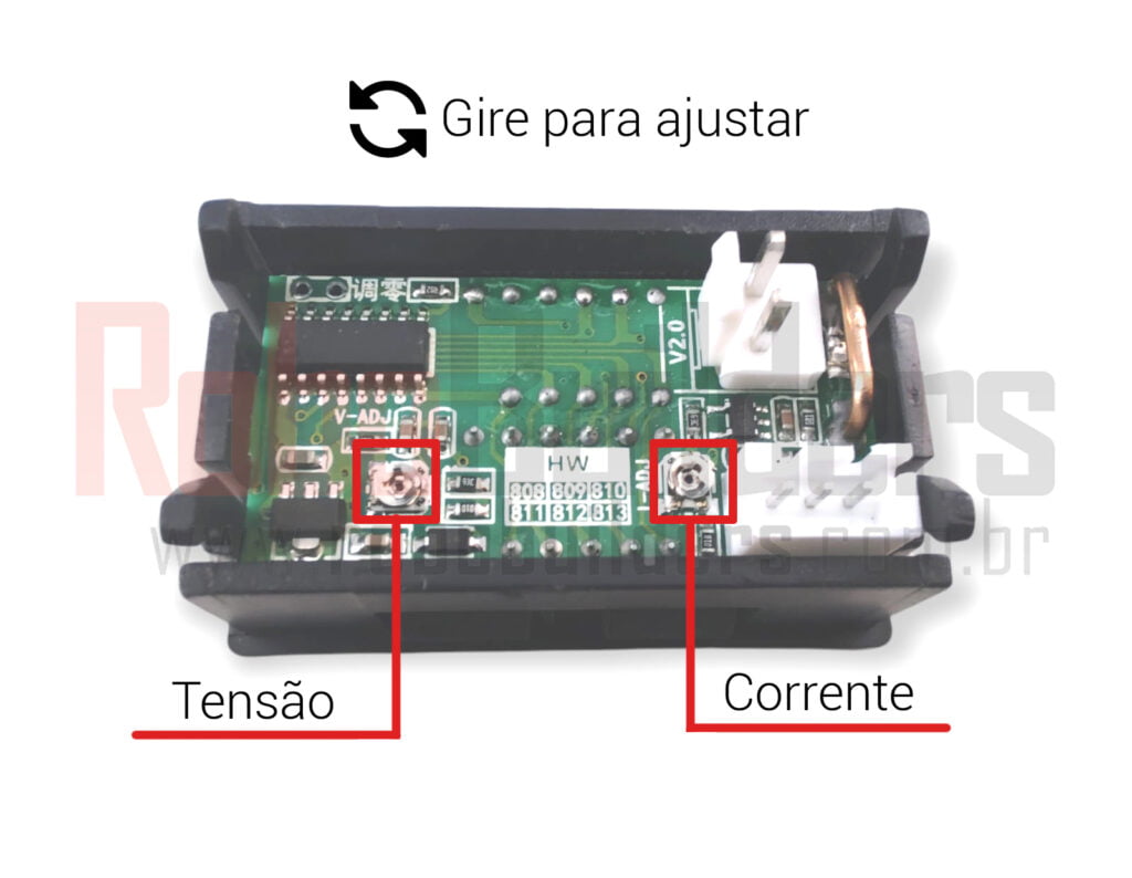Trimpots de Calibração do Voltímetro e Amperímtro Digital
